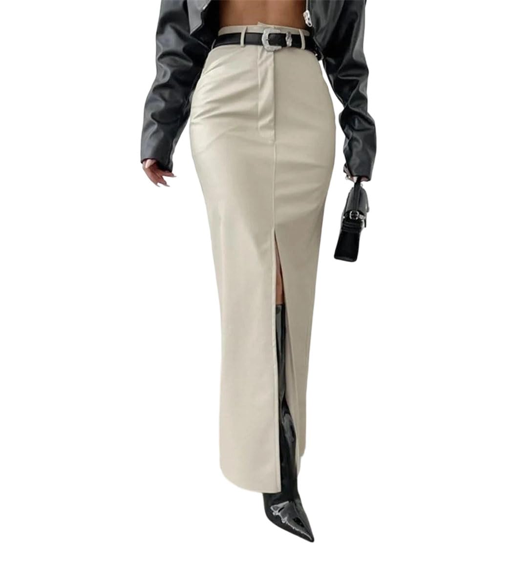 Women Solid Color High Waist Leather Skirt Long Split Design Office Lady Trendy Slim Fit Fall Work Elegant