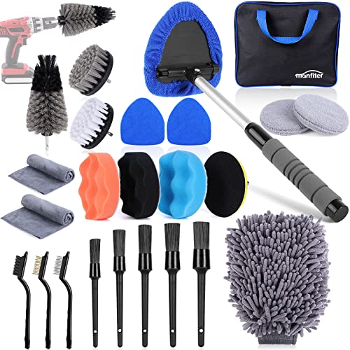 Manfiter 25Pcs Car Detailing Kit, Auto Detailing Drill Brush Set, Windshield Cleaning Tool With Extendable Handle, Car Buffing Sponge Pads Kit, Car Cleaning Tools Kit For Interior, Exterior, Wheels #TOP4