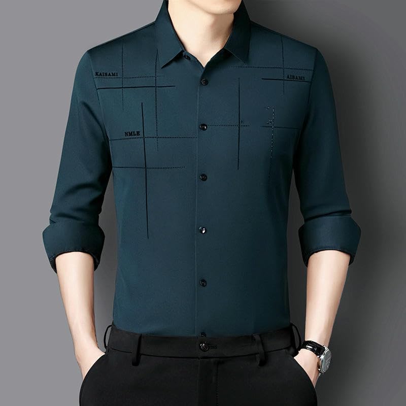 Camisa de manga larga para hombre estampada ajustada ligera con botones 3