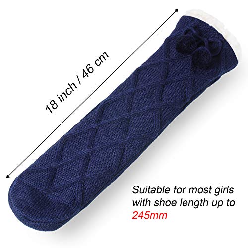 SATINIOR 3 Pairs Women Slipper Socks Fleece Lined Winter Fuzzy Tall Socking with Pompom (Light Gray, Black, Navy)2
