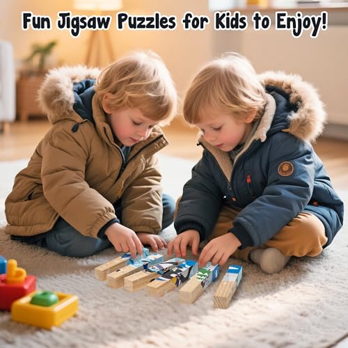 Image of CJiangpo Wooden Winter Chunky Puzzles - 4 in 1 Polar Animals Puzzle Blocks Sensory Toys for Toddlers 2+ Years, Educational and Fun Building Block Stacking Winter Educational Toy Game for Boy Girl