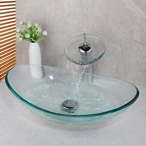 Focitland Tempered Glass Basin Sinks Oval Bathroom Sink Clear Vessel Sink With Waterfall Faucet And Drain Combo #TOP1