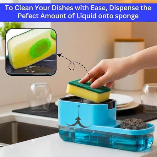 Image of Ranox Soap Dispenser for Kitchen Sink Accessories, Dish Wash Liquid Dispenser Pump 400ml with Sponge Holder, Bathroom Soap Dispensers, Kitchen Sink Organizer (Blue (Dual Dishwasher))