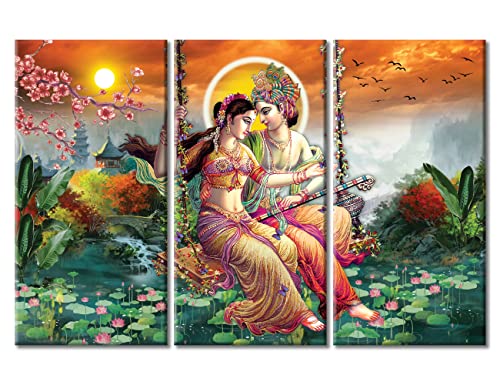 Hindu Lord Ganesha Modern Home Decor 3 Panels Radha Krishna Canvas Wall Art for Bedroom, Living Room, Office. Ganesha Canvas Paintings House Decor Stretched and Framed Ready to Hang (60"Wx40"H)