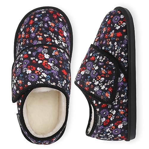 Besroad Womens Furry Memory Foam House Slippers Wide Diabetic Shoes Adjustable Bedroom Slippers Arthritis Edema Swollen House Shoes Indoor Outdoor