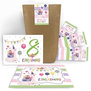Junaversum Lot de 12 cartes d’invitation pour 8e anniversaire d’enfant fille Lama avec 12 enveloppes, 12 sachets et 12…