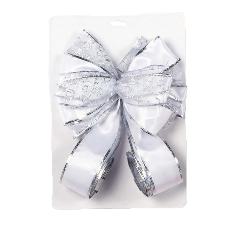 Premier White/Silver Bow Tree Topper With Glitter, Metallic & Ribbon Design, 1.2M Length, One Size