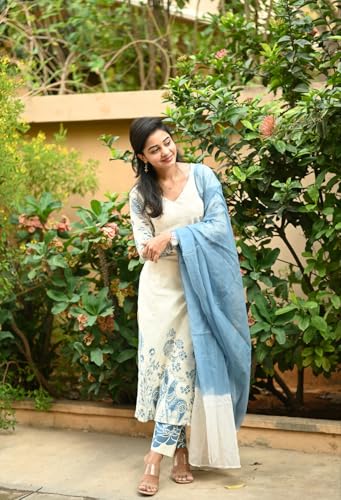 Image of ANNI DESIGNER Women's Rayon Viscose Straight Printed Kurta with Pant and Dupatta | Elegant Floral Print Kurti Set | Soft Breathable Fabric | Stylish Ethnic Outfit for Office, Festive & Casual Occasion