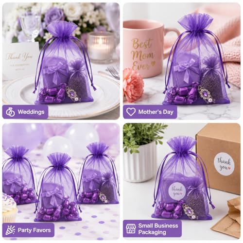 Image of Hopttreely Purple Organza Bags 5x7in, 50PCS Sheer Drawstring Gift Bags, Sheer Mesh Jewelry Pouches, Lavender Wedding Party Festival Gift Bag Candy Pouches for Mother's Day, Holiday Gifts, and Craft Fairs