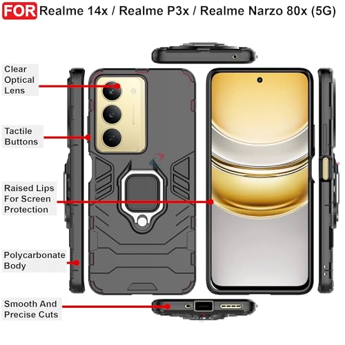 Image of CEDO Kickstand Cover for Realme 14x / Realme P3x / Narzo 80x (5G) Rugged Case | Built-in Stand Rotating Ring Holder | Military Grade Armor Bumper Back Cover (Black)