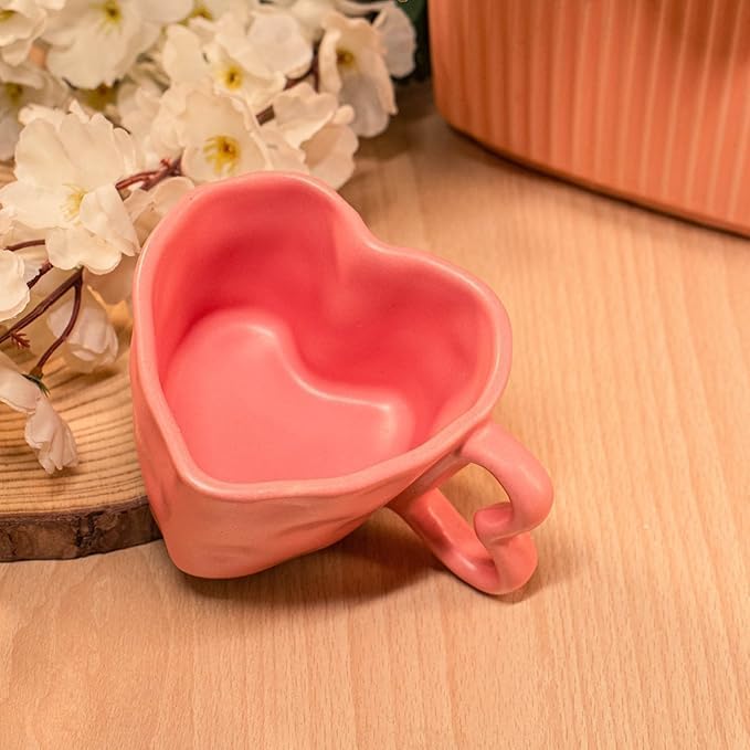 Image of Pink Heart Shaped Ceramic Coffee Mug | Romantic Love Theme Tea Cup with Handle | Cute Gifts for Girlfriend, Wife, Couples | Valentine, Anniversary & Birthday Mug