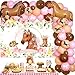Fangleland Horse Balloon Garland Arch Kit, Pink Floral Horse Photo Backdrop for Girls, Racing Horse Balloons, Horse Western Cowgirl Theme Birthday Party Supplies