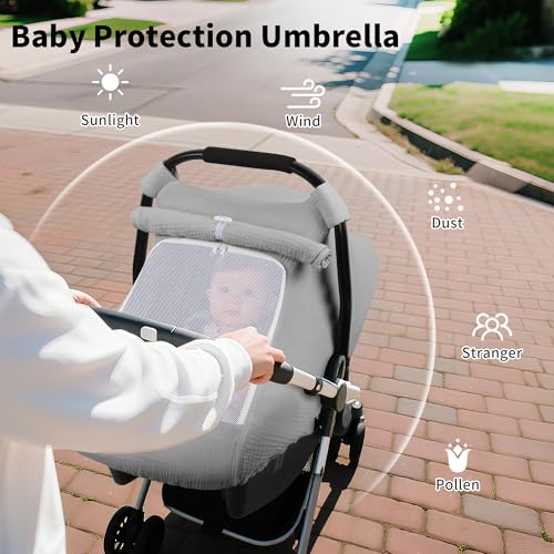 Image of Rquite Car Seat Cover Baby, Carseat Covers Girl Boy, Breathable Muslin Cotton, Large Mesh Window, Infant Car Seat Canopy Baby Carrier Cover Stroller Sun Shade for Summer & Hot Day, Grey