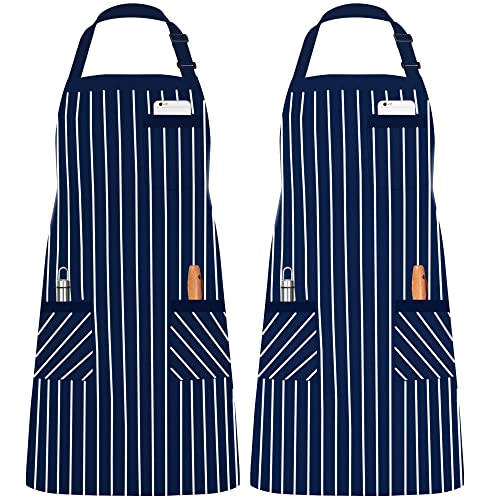InnoGear 2 Unidades Delantal con 3 Bolsillos, Delantal de Cocina para Cocina, Restaurante, café (Rayas, Azúl) Cover