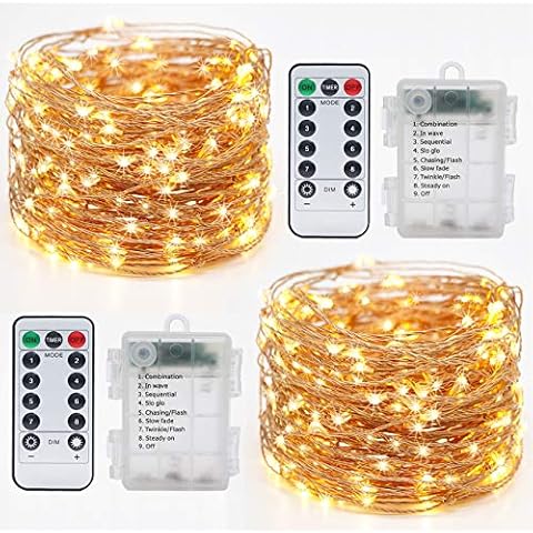 2 × 120 LED/12 M Fairy Lights Battery Operated, Copper Wire Battery Powered Timer with Remote 8 Modes Waterproof Micro String Lights for Xmas Wedding Party Birthday Indoor/Outdoor (Warm White) Cover