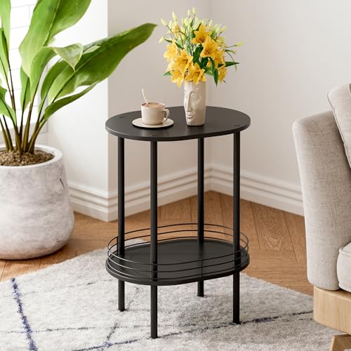 Image of Small Modern Oval Side Table with Storage,2-Tier Side Tables Living Room,Sturdy Nightstand for Small Space - Living Room, Bedroom, Bathroom, Nursery,（1 PC,Black）