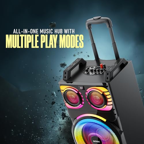 Image of Intex Thriller 1300 Bluetooth Trolley Speaker 130W with Dual Wireless Mic, RGB Lights, USB /SD /AUX /FM, Remote Control, Rechargeable Battery, Portable Party Speaker with Handle & Wheels for Outdoor Use
