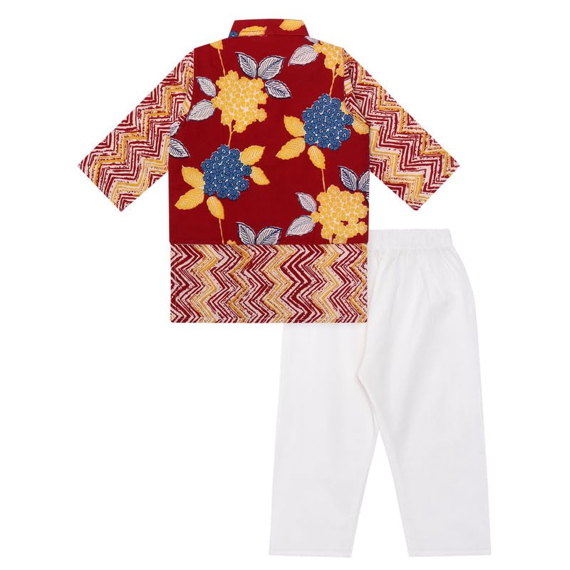 Image of superminis Boys Cotton Printed Full Sleeves Kurta With Ajrakh Printed Jacket and Pyjama Set