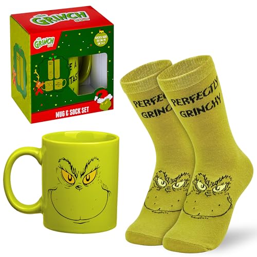 The Grinch Tasse und Socken Damen Teenager 340ml Keramik Weihnachtstasse & Lustige Kuschelsocken Damen Größe 36-41 in Box Xmas Geschenke für Frauen