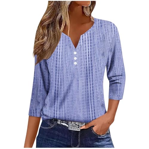 Fall Tops for Women 2025 Loose Fit Dressy Trendy V Neck Henley Shirts 3/4 Sleeve Tunic T-Shirt Cute Aesthetic Ladies Clothes Lightweight Retro Novelty Blouse Plus Size Casual Cotton Tee Summer
