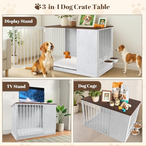 Dog Crate Furniture for Large Dogs, 36" Indoor Wooden Dog Kennel with 270° Swivel Door & 360° Rotating Feeder, Decorative Heavy Duty Dog House with Double Locks & Bowls, White - Image 6