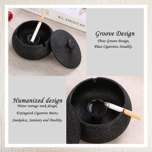 hadio Ceramic Ashtray with Lid, Large Outdoor Ashtray with Lid Smell Proof, Windproof Ashtrays for Cigarettes Indoor & Outdoor, Garden Ashtray Ornaments for Home, Patio and Office Decoration (Black)