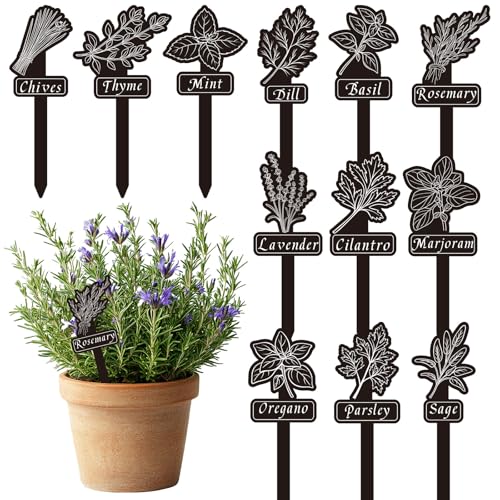 Whaline 24Pcs Acrylic Garden Herb Signs 12 Styles Garden Herb Plant Label Markers Waterproof Black Tags Signs with Names for Nursery Indoor Outdoor Potted Decor