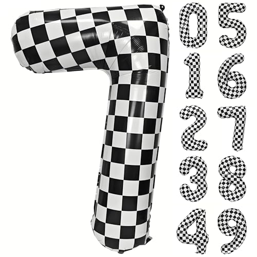 40In Black White Checkered Number 7 Balloon Race Car Digital Foil 7 Balloon