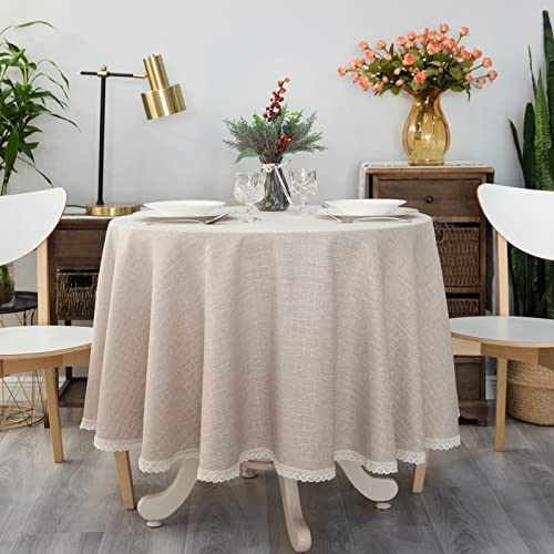 GLORY SEASON Textured Tablecloth Linen-Look Rustic Burlap Stlye Washable Solid Heavy Weight Lace Trim Fabric Table Cloth,Table Cover for Kitchen Dinning Tabletop Decoration70 in Round Beige