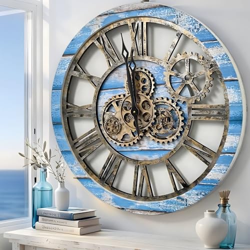 ImprovingLife The Gears Clock The Original Horloge Murale Vintage Industrielle surdimensionnée Rustique 60 cm Bleu océan et Bronze