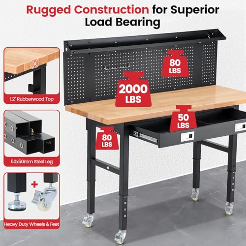 Workbenches for Garage Work Bench with Wheels 60 Inch Adjustable Rubber Wood Top Garage Workbench with Drawers, Pegboard, Power Outlets for Woodworking, Home, Office, Workshop