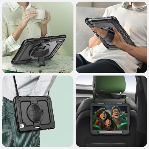 Image of SEYMAC Case for iPad Air 11 Inch M4 / M3 / M2 (2026 /2025 / 2024), Heavy Duty Shockproof Protective Case with Screen Protector, 360 Rotating Stand and Hand /Shoulder Strap, Black