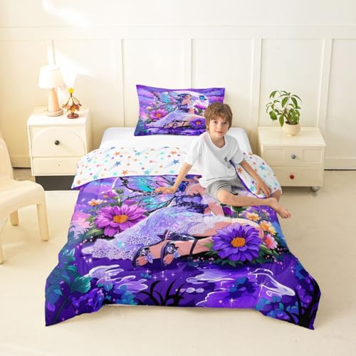 Image of Erosebridal Fairy Girl Bedding Sets Twin - Flower Fairytale Comforter Set for Kids Adults Blue Butterfly Floral Decor Duvet Insert Purple Galaxy Moon Quilt