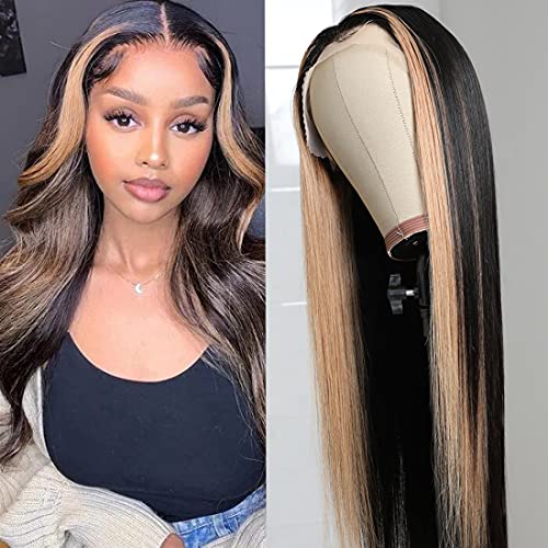 UNice 10A Straight 13x4 Lace Front Wigs Human Hair for Black Women, Brazilian Virgin Hair Face Framing Highlight Human Hair Frontal Wig Pre Plucked with Baby Hair TL27 Color 150% Density (16inch)