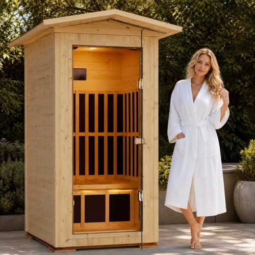 Image of OUTEXER Outdoor Sauna Wooden Far Infrared Saunas Spa 1550W Low-EMF Dry Sauna Room for One Person Finland Spruce Wood