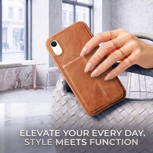 Image of amazon basics Luxury Vegan Leather Back Cover for iPhone XR | Built-in Card Holder Slot | Integrated Mobile Stand | Slim Shockproof Protective Case with Stitched Finish - Tan