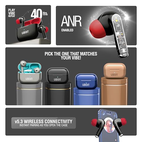Image of UBON Air Tiger J26 Bluetooth TWS Earbuds with 40H Playtime, 500H Standby, ANR Noise Reduction, Low Latency, Fast Charging, v5.3 Bluetooth, Touch Controls & Mic Wireless Earphones (Black)