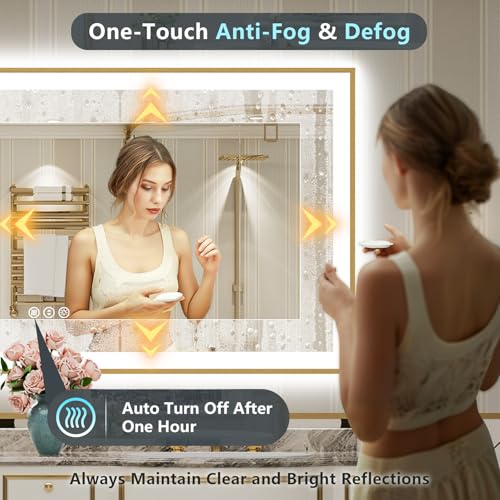 Image of 72x32 Gold LED Bathroom Mirror with Lights, Brushed Gold Framed Backlit and Front Lit Anti-Fog Lighted Vanity Mirrors for Bathroom Wall, Dimmable, 3 Colors, Memory, HD Tempered Glass, CRI 95