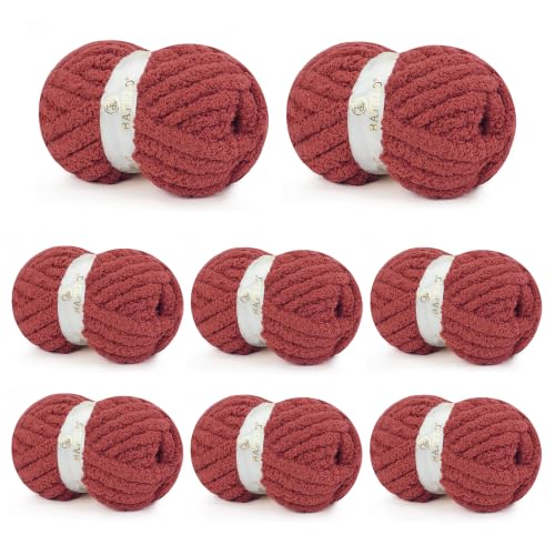 Image of Chunky Yarn for Hand Knitting, Chunky Chenille Blanket Yarn for Crocheting, Bulky Soft Fluffy Chenille for Blanket Project, 8 Pack of 8oz /25yds, Burgundy