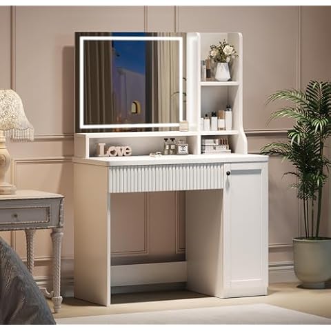 Dripex Makeup Vanity Desk with Mirror and Lights Bedroom Dressing Table, Makeup Table with Drawer, Cabinet, Adjustable LED Lights -Cold White Cover