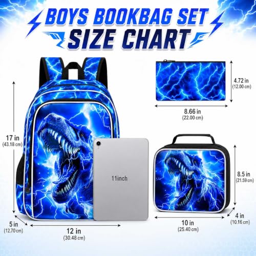 Image of 17 inch Dinosaur Backpack for Boy, 3Pcs Lightning Bookbag for Elementary Preschool Kindergarten, Kids School Backpacks with Lunch Box (Blue)