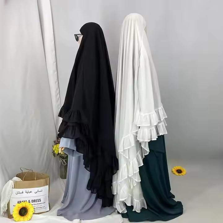 SYANKANGXIAO Elegant Muslim Ramadan Chiffon Long Two Layers Khimar with Ruffles for Women Abaya Islamic Prayer Instant Hijab2