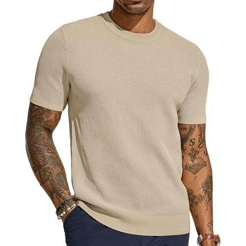 PJ PAUL JONES Men’s T-Shirts Casual Knit Short Sleeve Crewneck Honeycomb Waffle Solid Knitted Pullover Tees