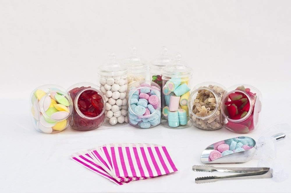 Wedding Sweet Table Kit: x10 Jar, x2 Tongs & 100 Candy Stripe 5inx7in Sweet Bags (Choose Sweet Bag Colour: Pink Blue Purple Red Green Grey Black Yellow) Candy Bar Buffet (Pink x100)