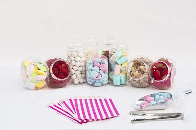 Wedding Sweet Table Kit: x10 Jar, x2 Tongs & 100 Candy Stripe 5"x7" Sweet Bags (Choose Sweet Bag Colour: Pink Blue Purple Red Green Grey Black Yellow) Candy Bar Buffet (Pink Sweet Bags x100)