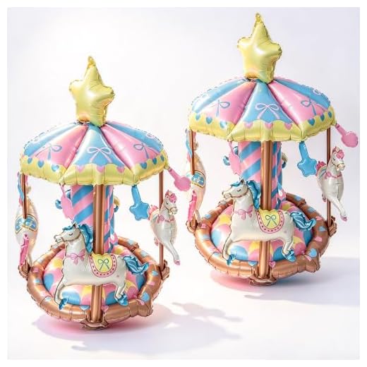 2Pcs Carousel Circus Foil Balloon Party Decor | 3D Carousel Design, Horse Figures, Colorful Canopy Top, Star Topper, Birthday Decoration