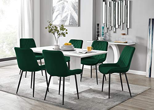 Furniturebox UK Imperia Modern White High Gloss Dining Table And 6 Stylish Pesaro Velvet and Black Leg Dining Chairs Set (Table + 6 Green Pesaro Black Chairs)