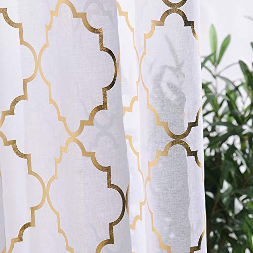 YJ YANJUN Sheer Curtains 72 inches Long Metallic Print Gold White Curtains for Living Room 52x72 inch, White Gold by YJ YANJUN - Used condition - US$10.28