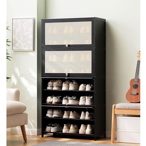 Meuble à chaussures en bambou et rotin noir 80x32x140 cm pour entrée