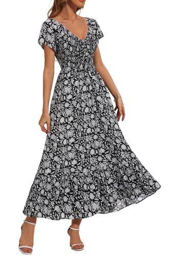 Image of Summer Smocked Boho Maxi Dress for Women 2026 Short Sleeve Floral Smocked Flowy Ruffled Beach Vacation Dresses Lightweight